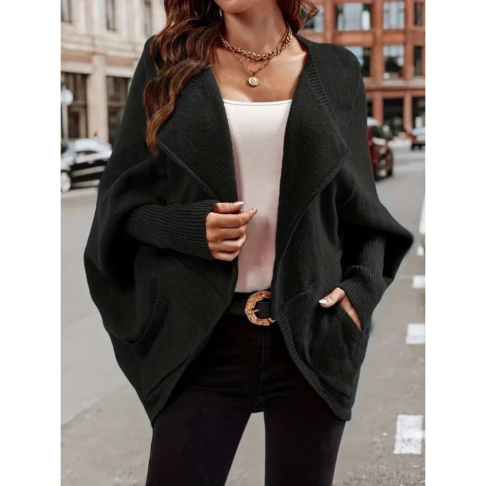 Elegant Long Sleeve Cardigan Black with Collar and Batwing Style for Women Small